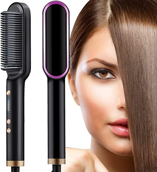PARENCE - Hair straightener brush, straightening iron with built-in comb, 25s PTC heating and 5 temperature settings and anti-scald, professional hair straightener,