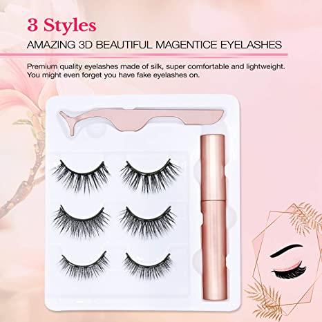 3D Magnetic Eyeliner and Eyelashes Kit, Reusable, 3 Pairs with Tweezers, Magnetic Eyelashes, Magnetic Eyeliner