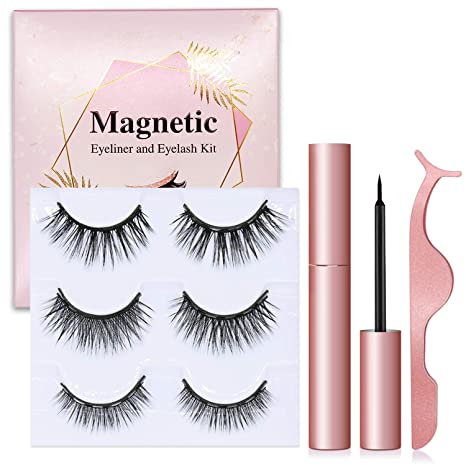 3D Magnetic Eyeliner and Eyelashes Kit, Reusable, 3 Pairs with Tweezers, Magnetic Eyelashes, Magnetic Eyeliner